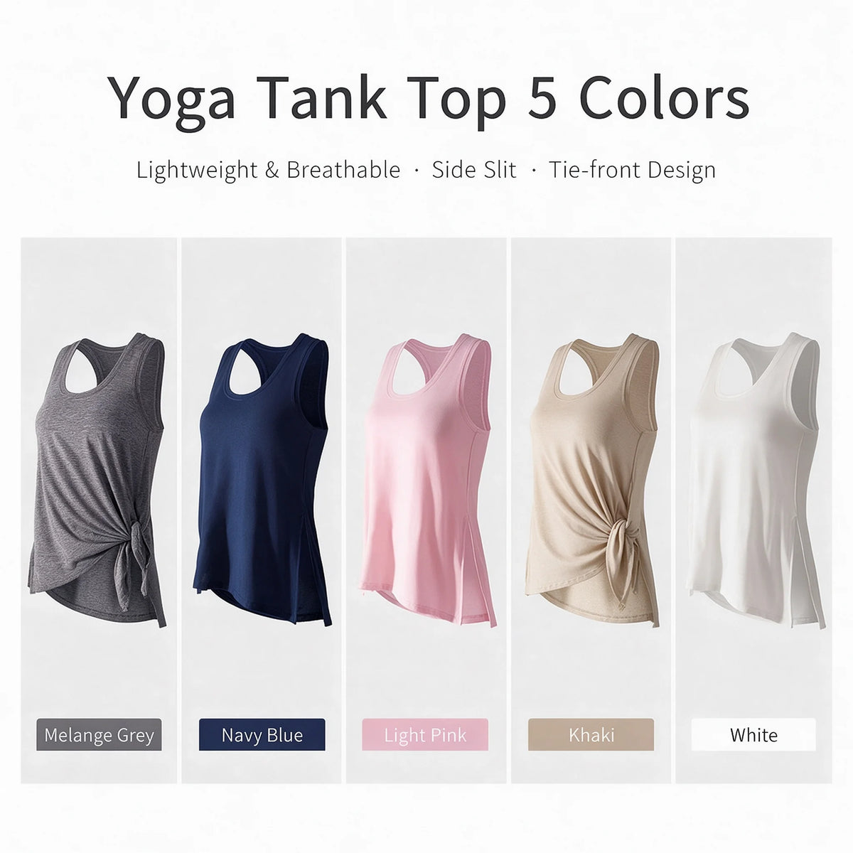 Débardeur de sport en lyocell, tableau des 5 coloris : gris chiné, bleu marine, rose clair, kaki et blanc