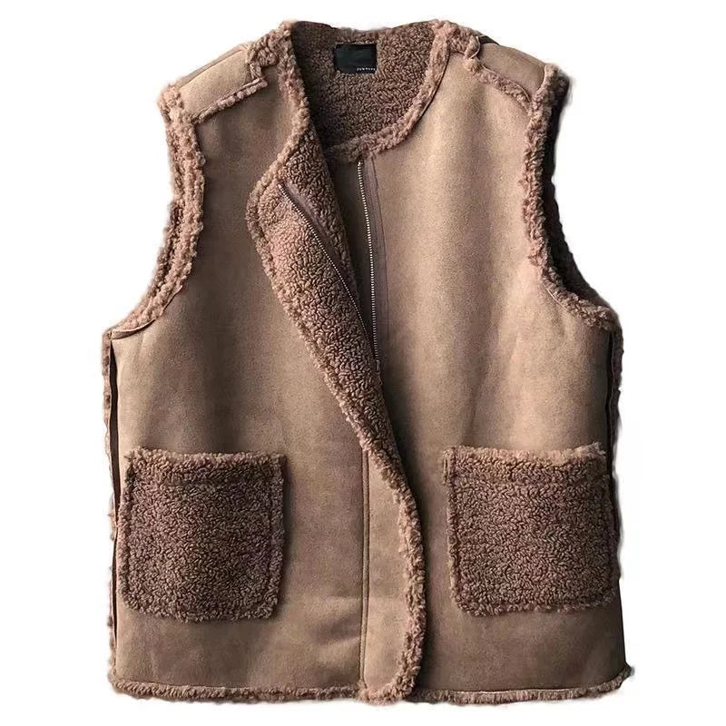 Veste sans manches matelassée café à doublure sherpa, à plat, vue de face