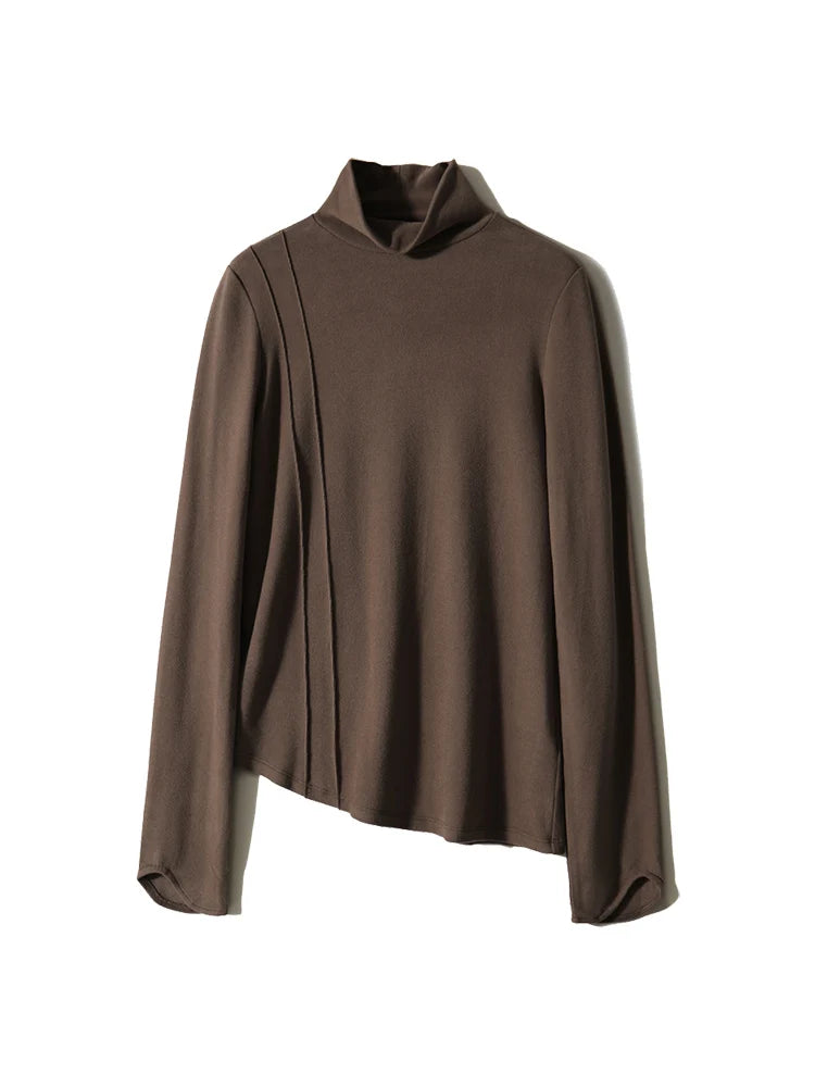 T-shirt thermique col montant marron, à plat, vue de face