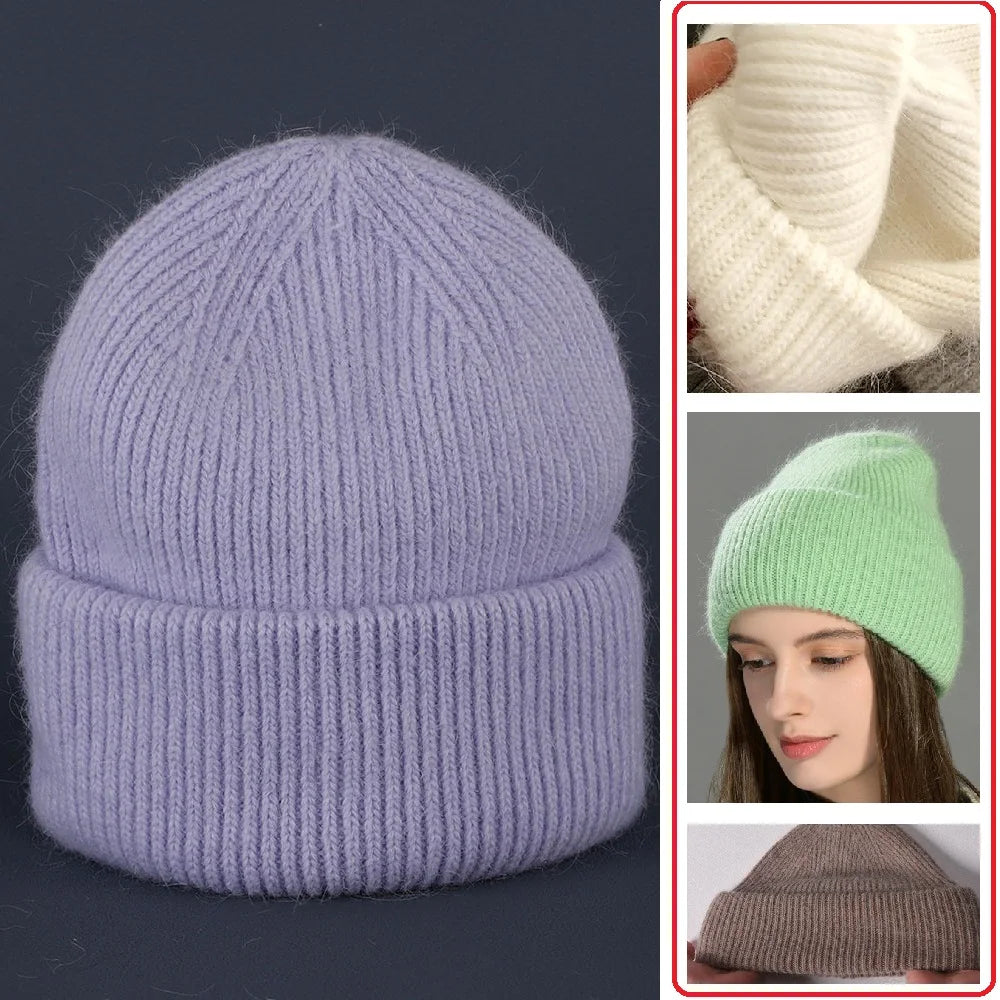 Montage : bonnet lilas présenté seul, gros plan sur la maille blanche, modèle portant un bonnet vert et bonnet brun vu de profil