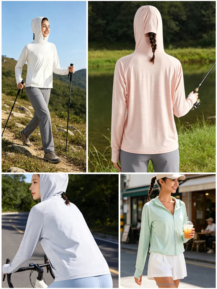 Veste anti-UV à capuche UPF 50+, portée en plein air, vues multiples