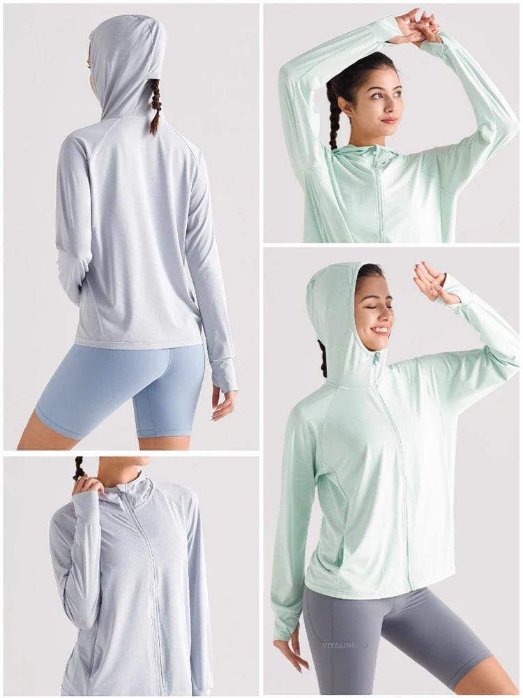 Veste anti-UV à capuche UPF 50+, coloris gris et vert menthe, vues multiples