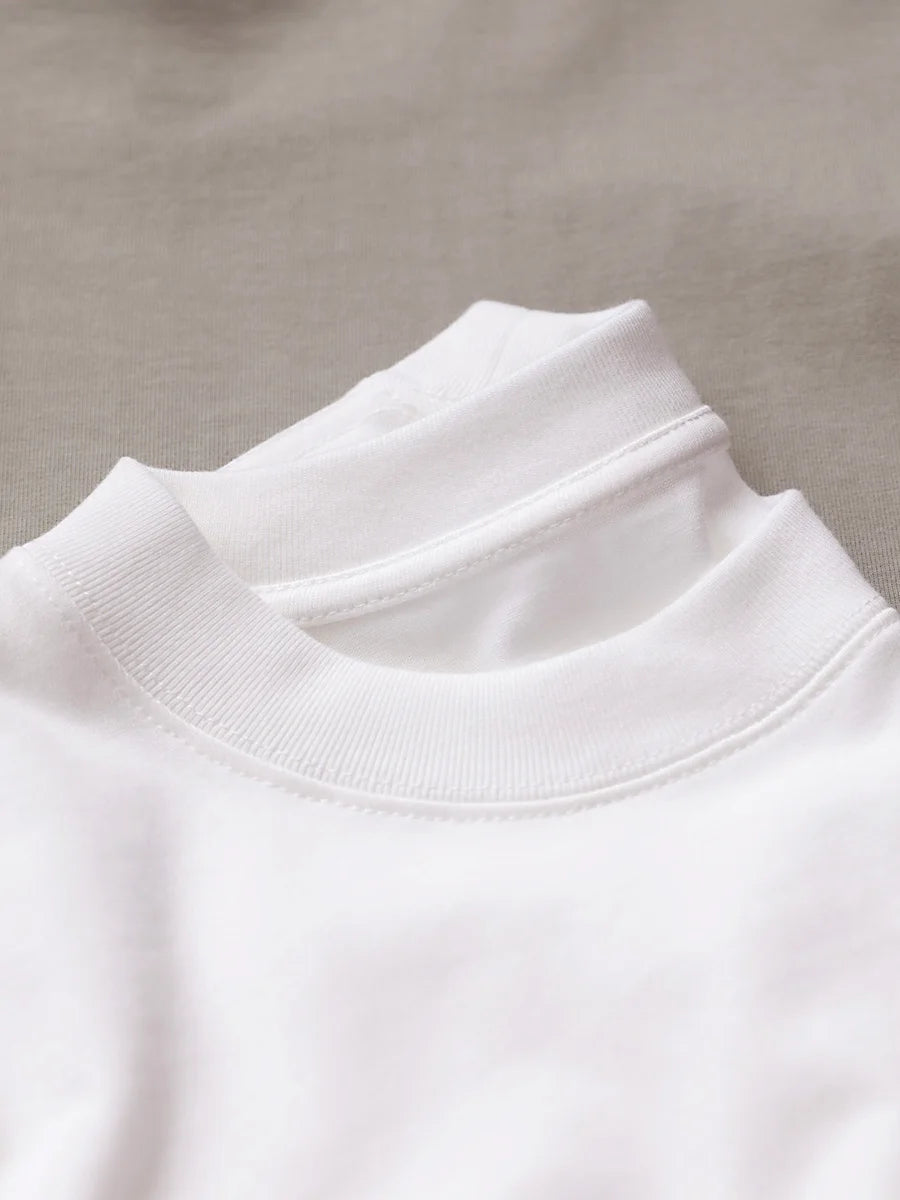 T-shirt blanc heavyweight en coton 320 g/m², détail du col