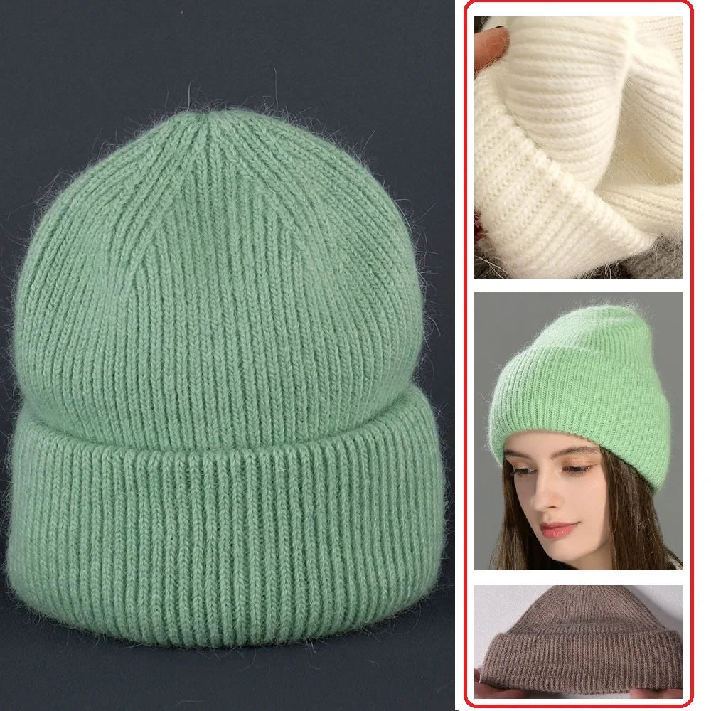 Montage : bonnet vert présenté seul, gros plan sur la maille blanche, modèle portant un bonnet vert et bonnet brun vu de profil
