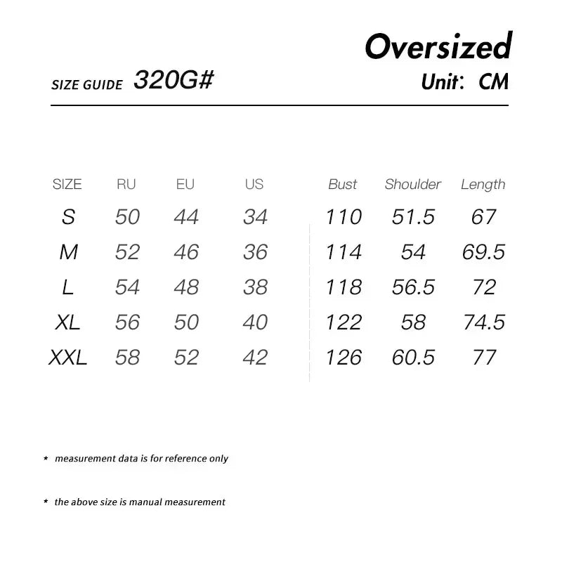 Guide des tailles – T-shirt heavyweight en coton 320 g/m²
