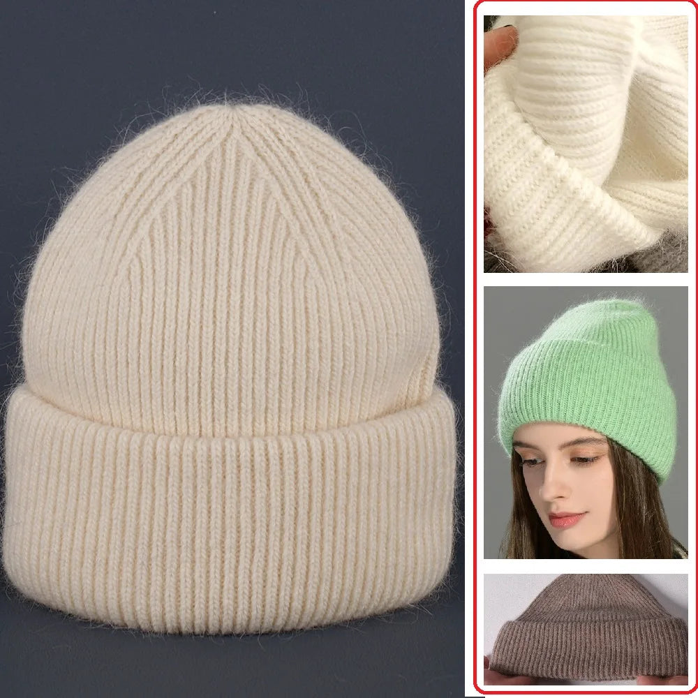 Montage : bonnet crème présenté seul, gros plan sur la maille blanche, modèle portant un bonnet vert et bonnet brun vu de profil