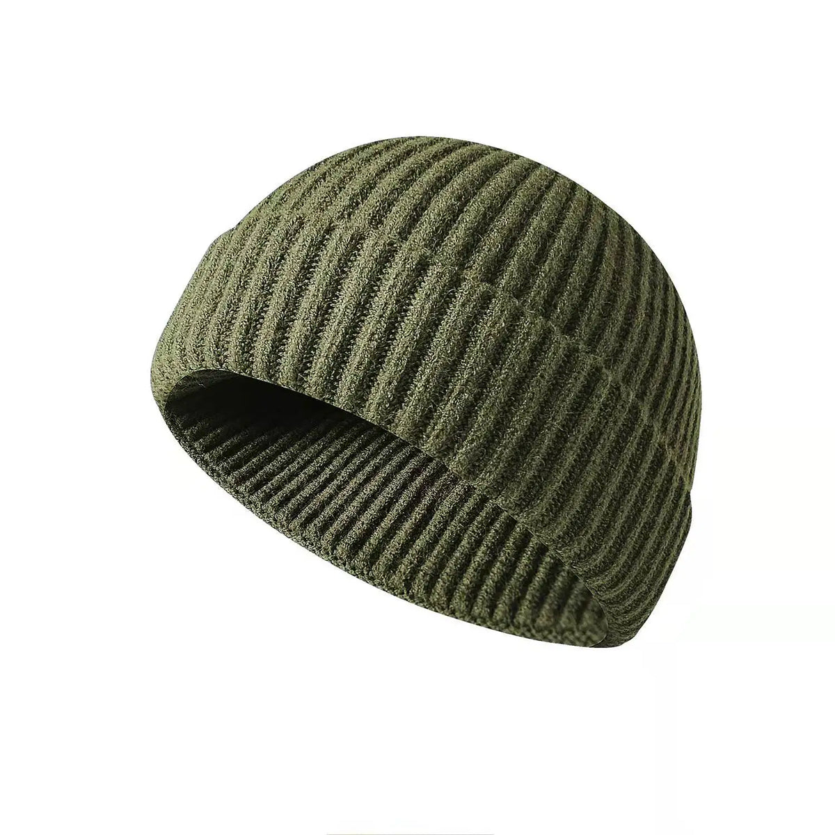 Bonnet tricoté côtelé vert kaki, vue de face