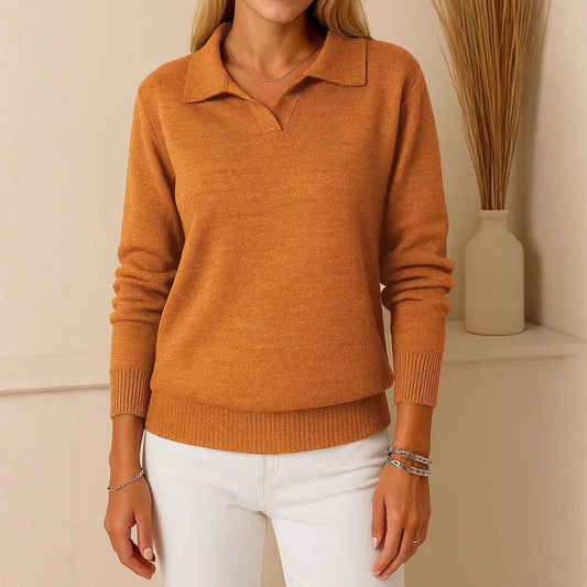 Pull polo en tricot orange à col polo, porté, vue de face