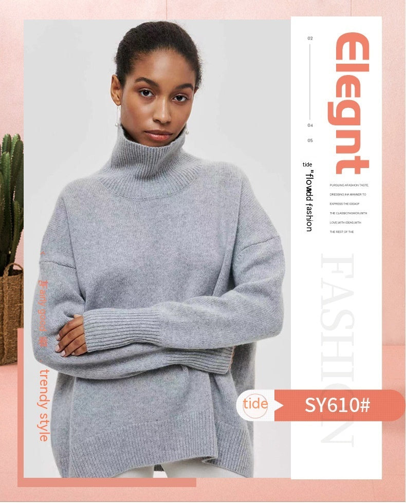 Visuel marketing chandail col montant en tricot gris, style tendance