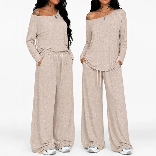 Ensemble t-shirt et pantalon large abricot, porté, double vue sur fond blanc, vue de face