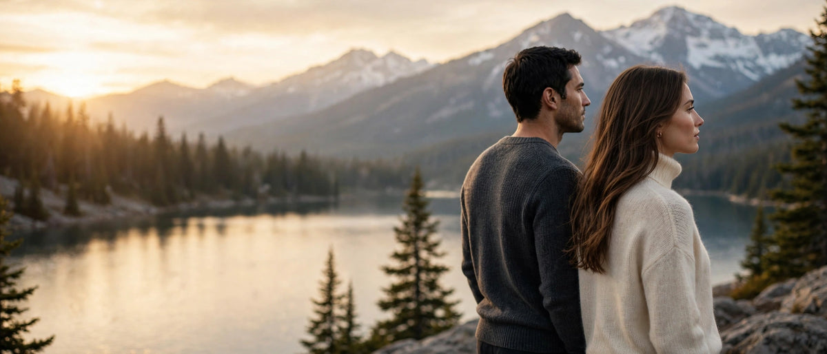 Homme et femme en chandails de maille devant un lac de montagne