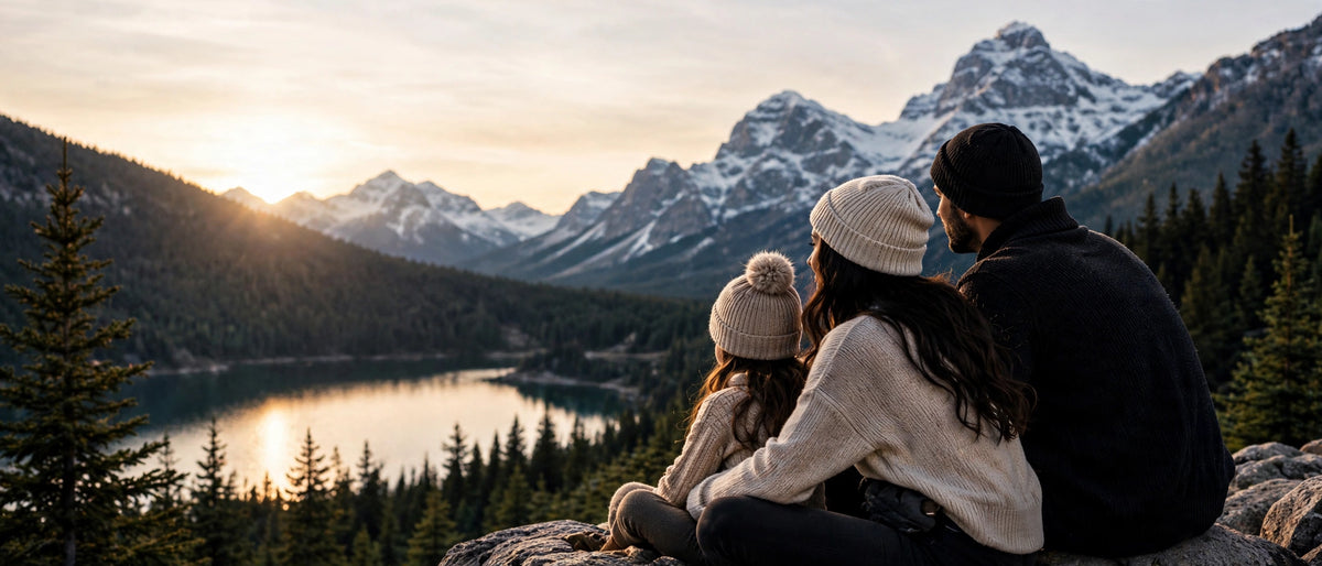Famille en bonnets de laine assise devant un lac de montagne au coucher du soleil