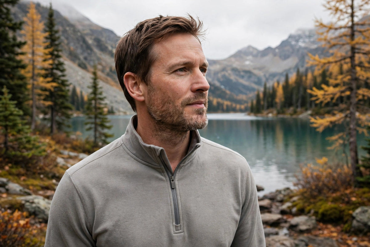 Haut thermique demi-zip en laine mérinos gris – porté en pleine nature nordique