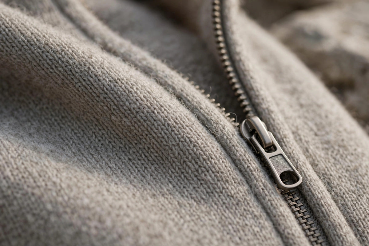 Haut thermique demi-zip en laine mérinos gris – gros plan sur la maille mérinos