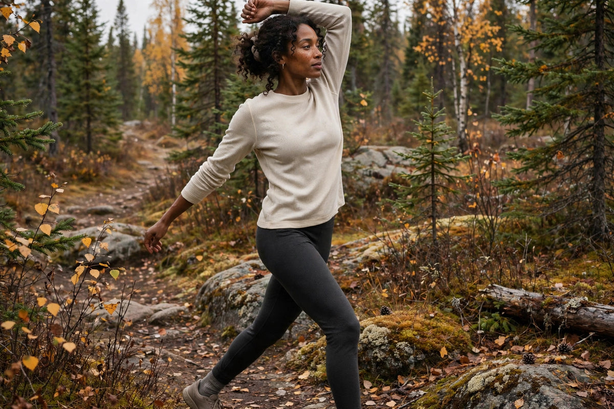 Legging thermique en laine mérinos noir-gris – en mouvement en pleine nature