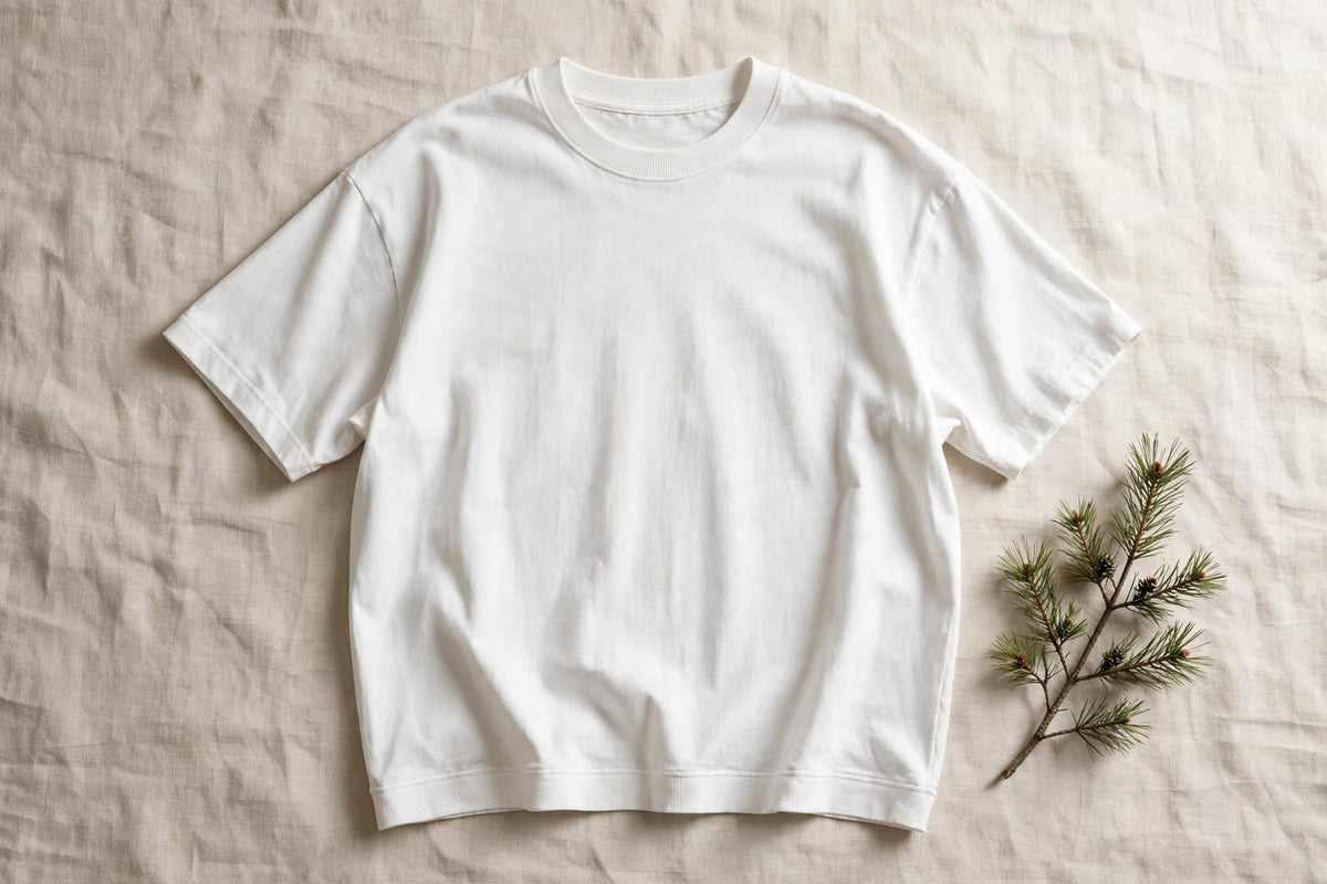 T-shirt lourd en coton 320 g/m² blanc – présenté à plat sur lin écru